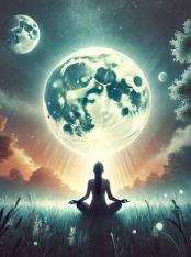 figure meditating in front of the moon